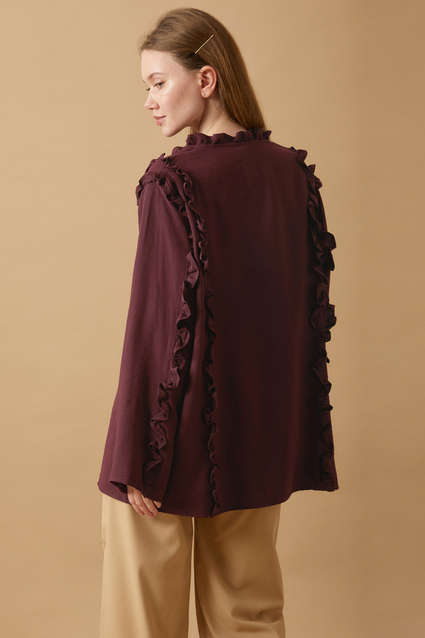Frill Detail Tie Front Shirt Burgundy - 6