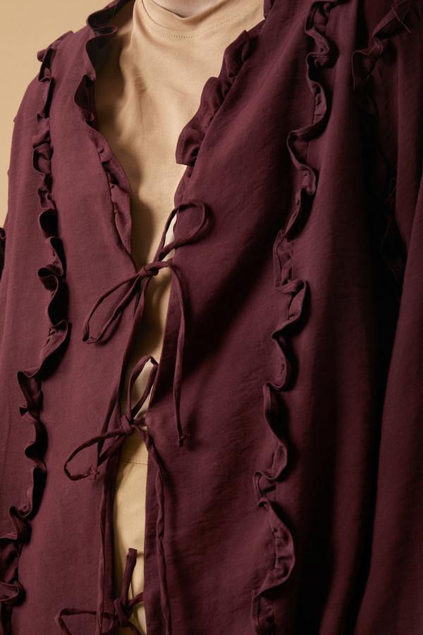 Frill Detail Tie Front Shirt Burgundy - 5