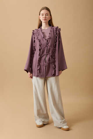 Frill Detail Tie Front Shirt Dusty Rose - 1