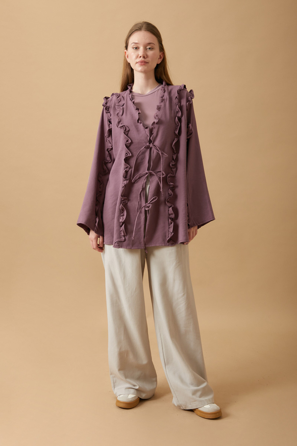 Frill Detail Tie Front Shirt Dusty Rose - 1