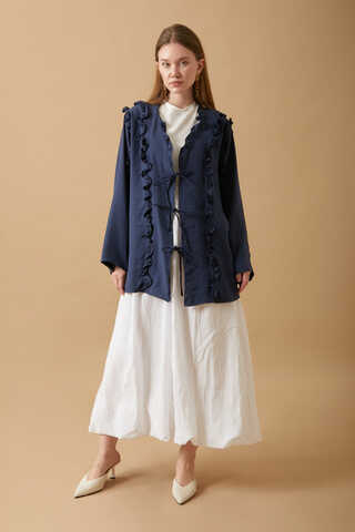 Frill Detail Tie Front Shirt Navy Blue - 2