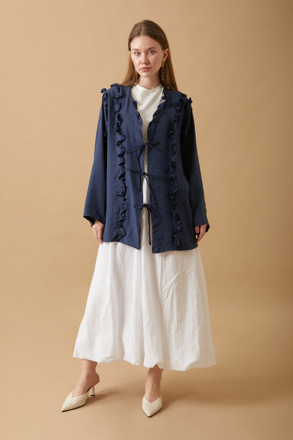 Frill Detail Tie Front Shirt Navy Blue - 2