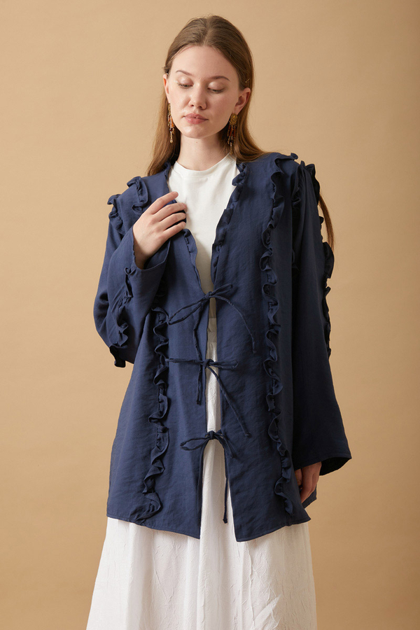 Frill Detail Tie Front Shirt Navy Blue - 1