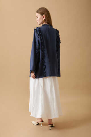 Frill Detail Tie Front Shirt Navy Blue - 5