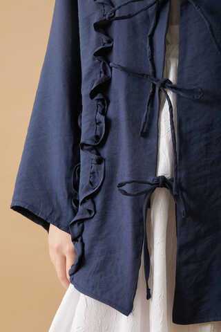 Frill Detail Tie Front Shirt Navy Blue - 3