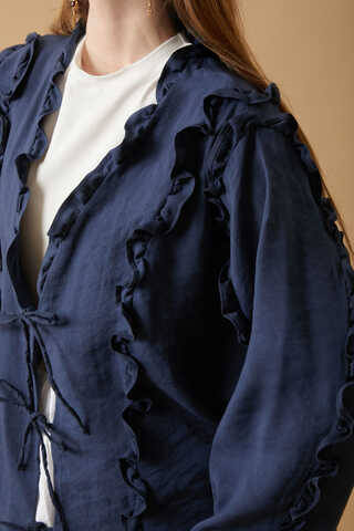 Frill Detail Tie Front Shirt Navy Blue - 4