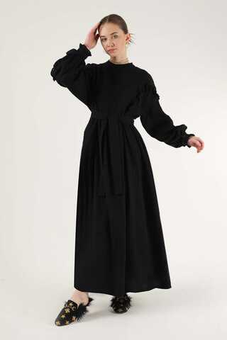 Frill Detailed Belted Dress Black - 1