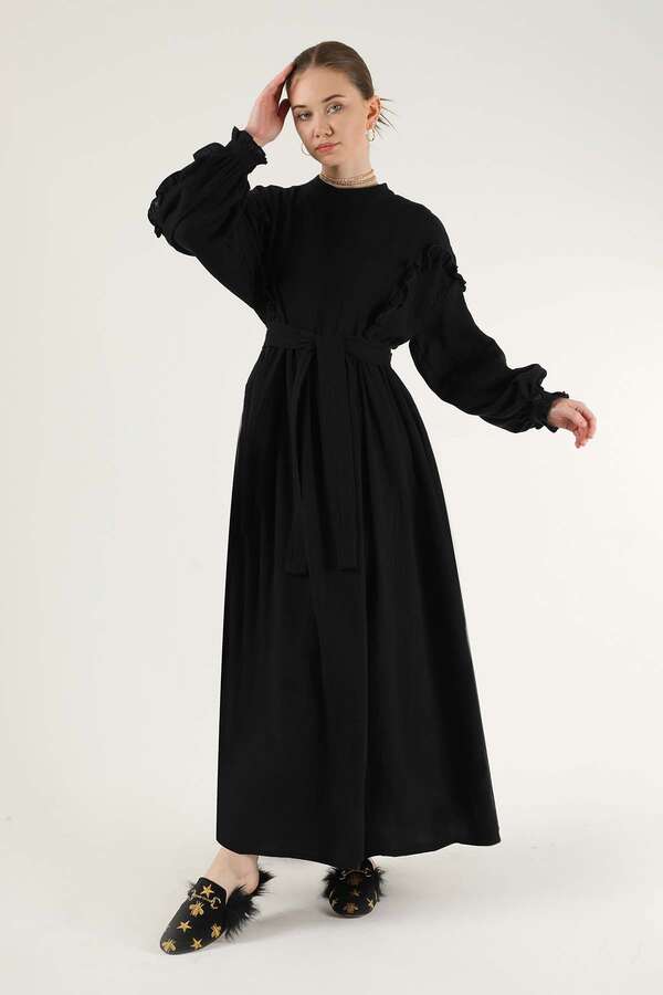 Frill Detailed Belted Dress Black - 1