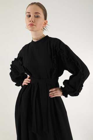 Frill Detailed Belted Dress Black - 2