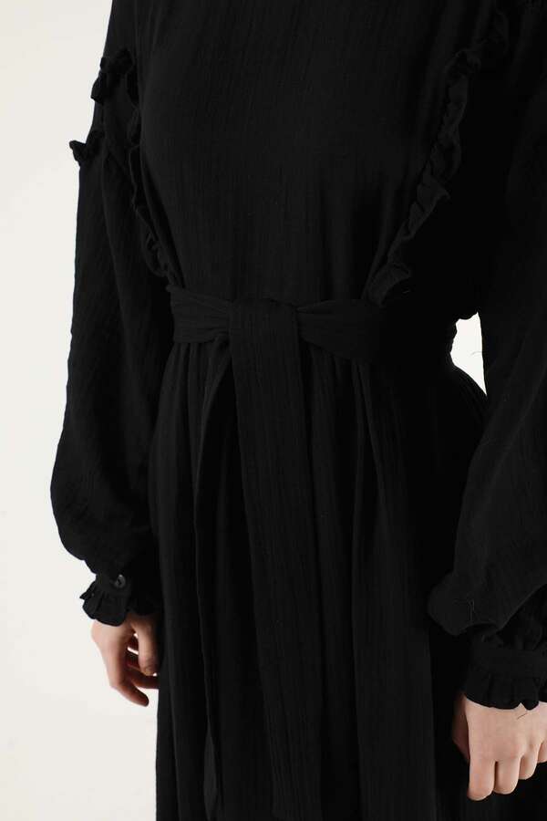 Frill Detailed Belted Dress Black - 4