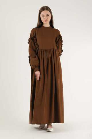 Frill Detailed Belted Dress Brown - 1