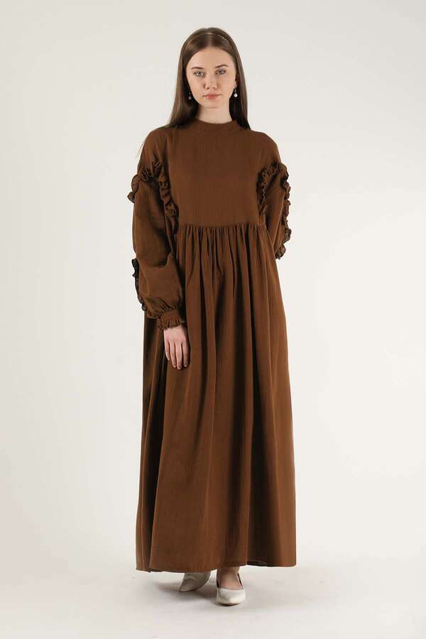 Frill Detailed Belted Dress Brown - 1