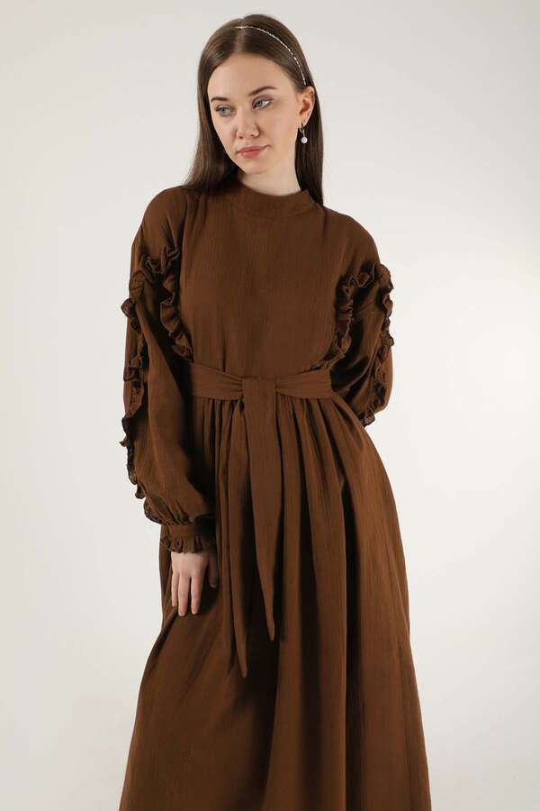 Frill Detailed Belted Dress Brown - 2