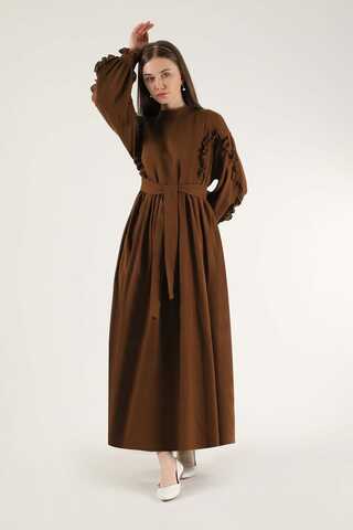 Frill Detailed Belted Dress Brown - 3