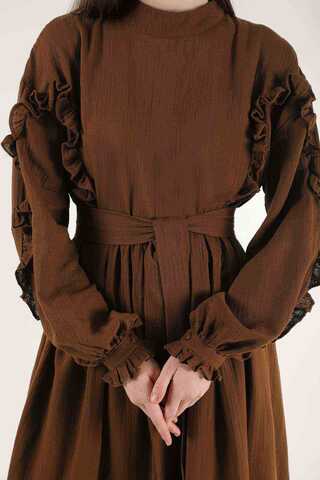 Frill Detailed Belted Dress Brown - 4