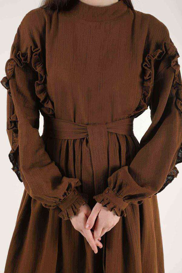Frill Detailed Belted Dress Brown - 4