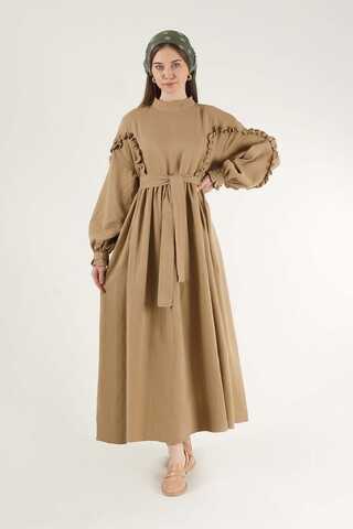 Frill Detailed Belted Dress Milk Brown - 1