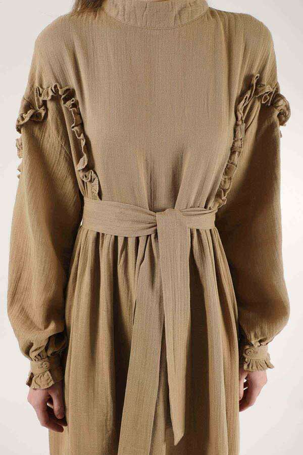 Frill Detailed Belted Dress Milk Brown - 2