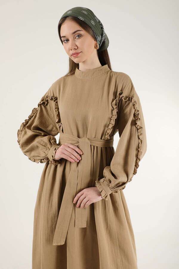 Frill Detailed Belted Dress Milk Brown - 3