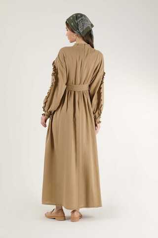 Frill Detailed Belted Dress Milk Brown - 4