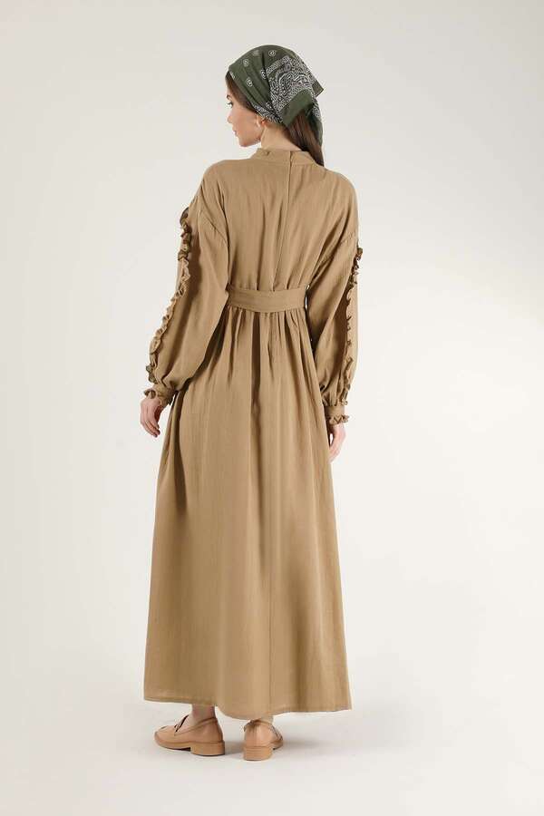 Frill Detailed Belted Dress Milk Brown - 4