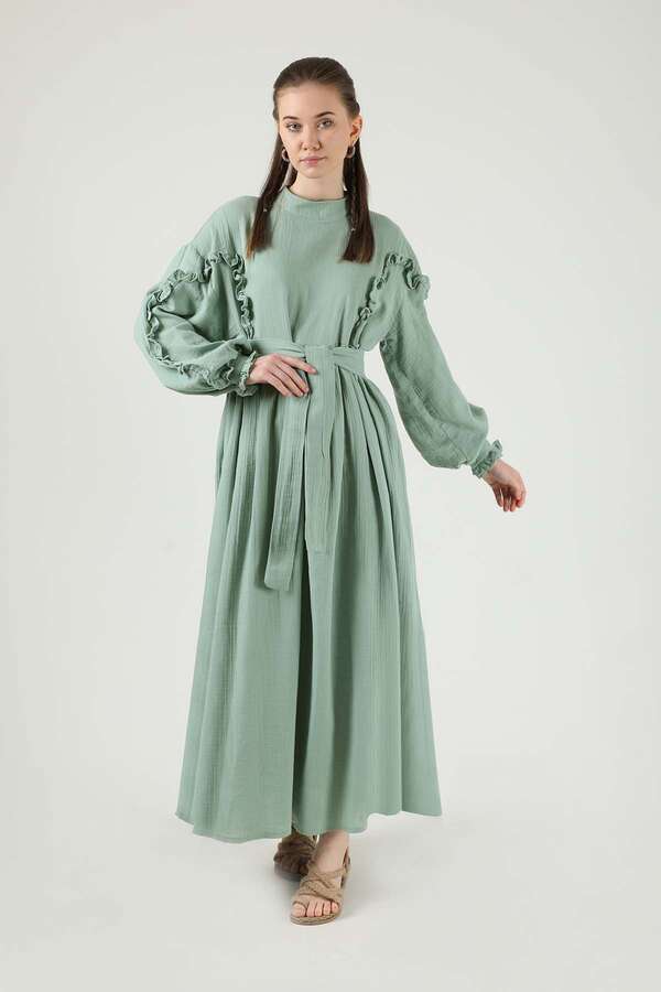 Frill Detailed Belted Dress Mint - 1