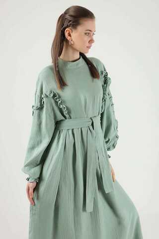 Frill Detailed Belted Dress Mint - 3