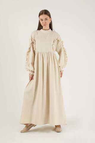 Frill Detailed Belted Dress Stone - 1