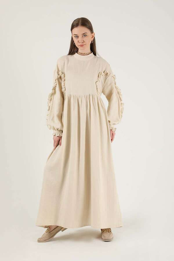 Frill Detailed Belted Dress Stone - 1