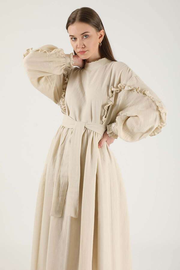 Frill Detailed Belted Dress Stone - 2