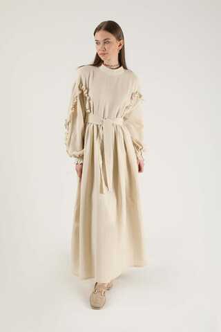 Frill Detailed Belted Dress Stone - 3