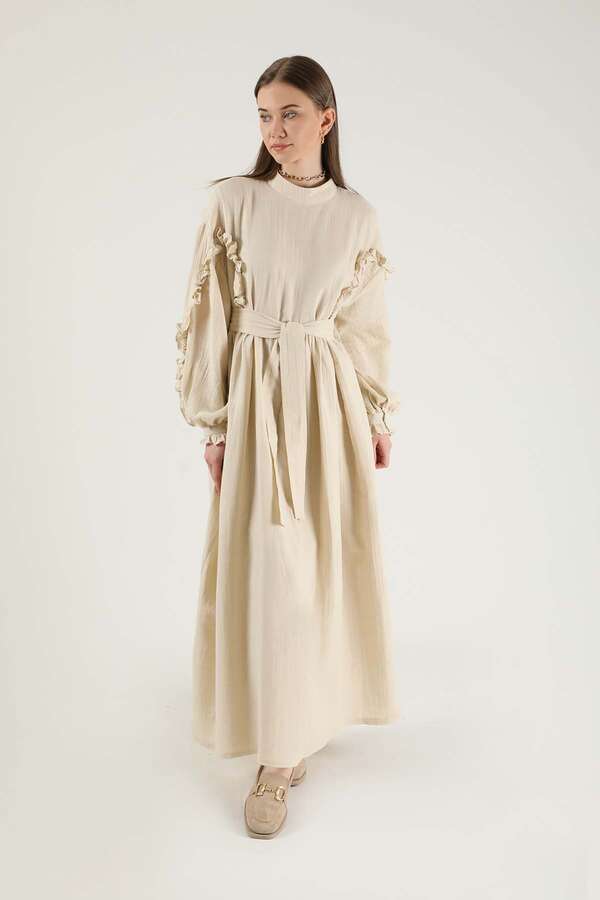 Frill Detailed Belted Dress Stone - 3