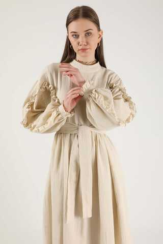 Frill Detailed Belted Dress Stone - 4