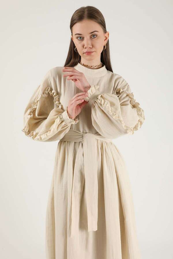 Frill Detailed Belted Dress Stone - 4