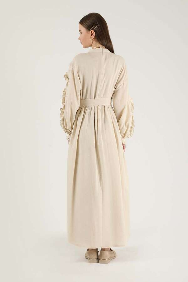 Frill Detailed Belted Dress Stone - 5