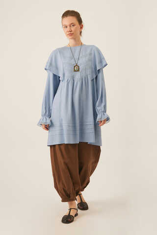 Frill Detailed Lace Tunic Baby Blue - 3