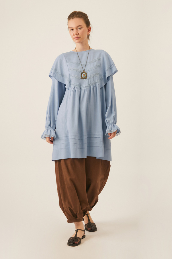 Frill Detailed Lace Tunic Baby Blue - 3