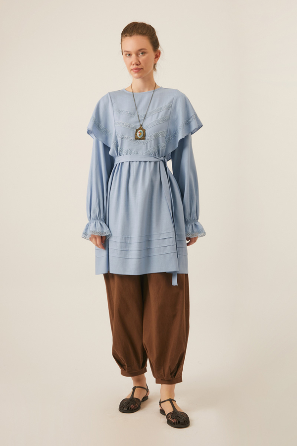 Frill Detailed Lace Tunic Baby Blue - 4