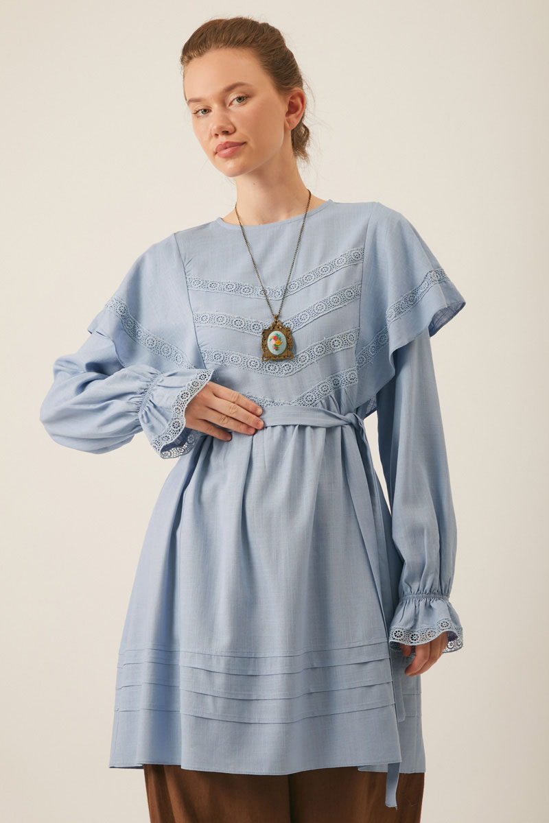 Frill Detailed Lace Tunic Baby Blue