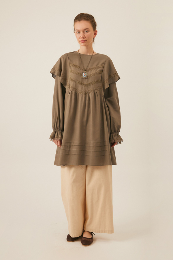 Frill Detailed Lace Tunic Earth Tone - 9