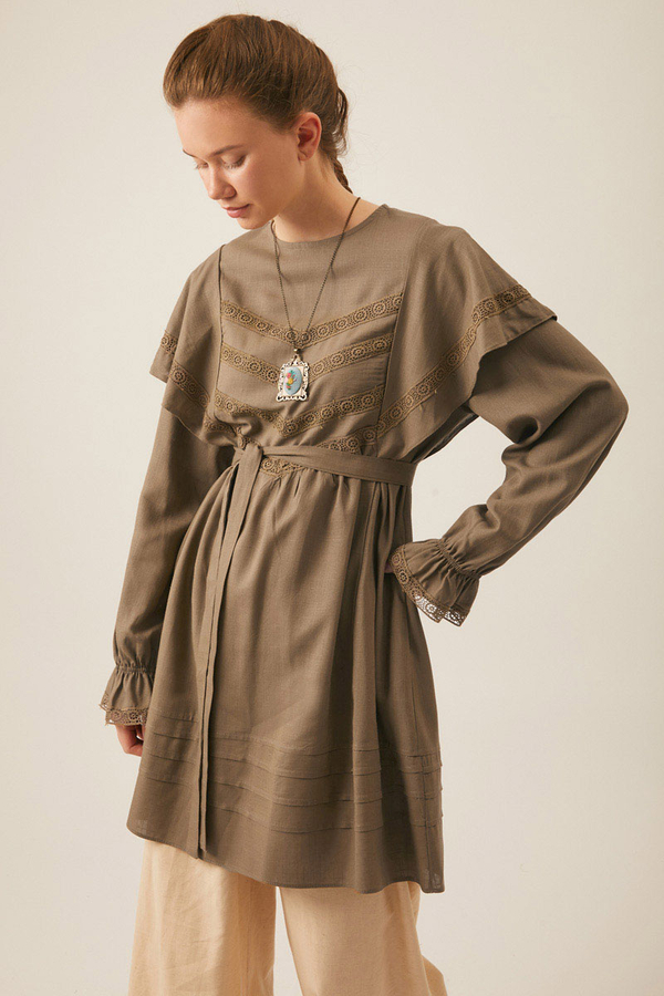 Frill Detailed Lace Tunic Earth Tone - 10