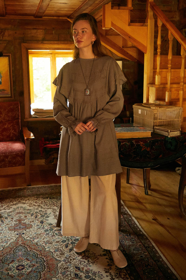 Frill Detailed Lace Tunic Earth Tone - 6