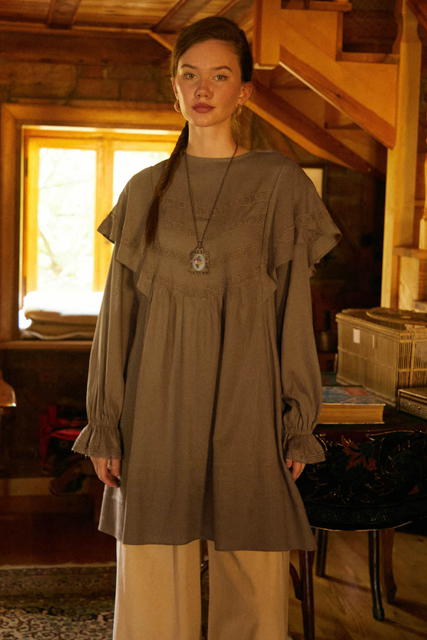 Frill Detailed Lace Tunic Earth Tone - 7