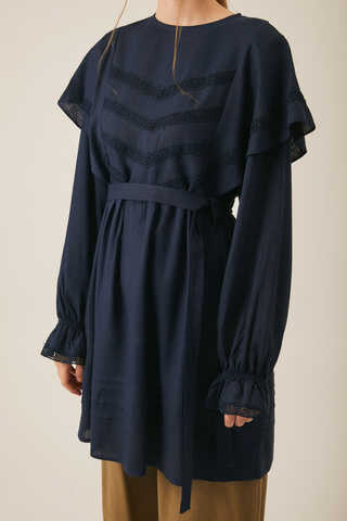Frill Detailed Lace Tunic Navy Blue - 2