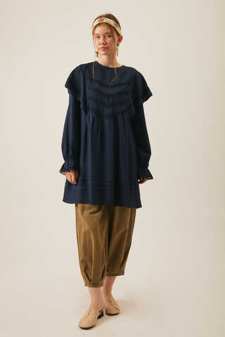 Frill Detailed Lace Tunic Navy Blue - 3