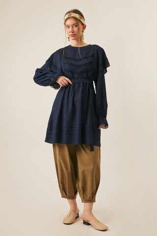 Frill Detailed Lace Tunic Navy Blue - 1