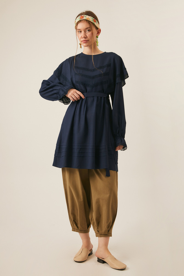 Frill Detailed Lace Tunic Navy Blue - 1