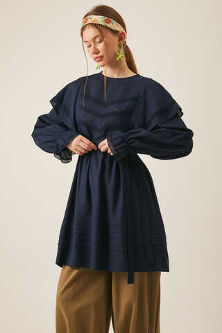 Frill Detailed Lace Tunic Navy Blue - 4