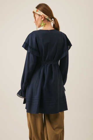Frill Detailed Lace Tunic Navy Blue - 5