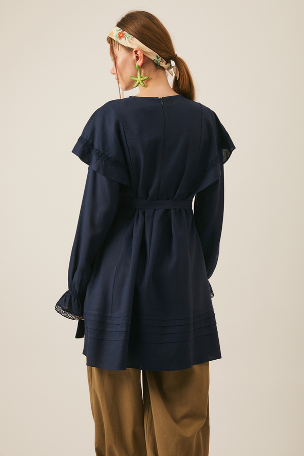 Frill Detailed Lace Tunic Navy Blue - 5